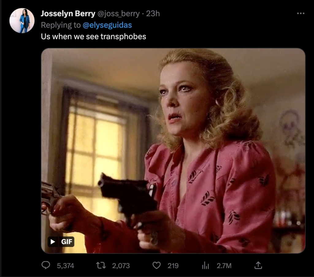 Josselyn Berry's disturbing tweet included a woman brandishing two handguns from the 1980 movie “Gloria.”