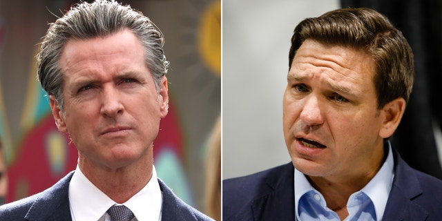 California Gov. Gavin Newsom, left, and Florida Gov. Ron DeSantis, right.