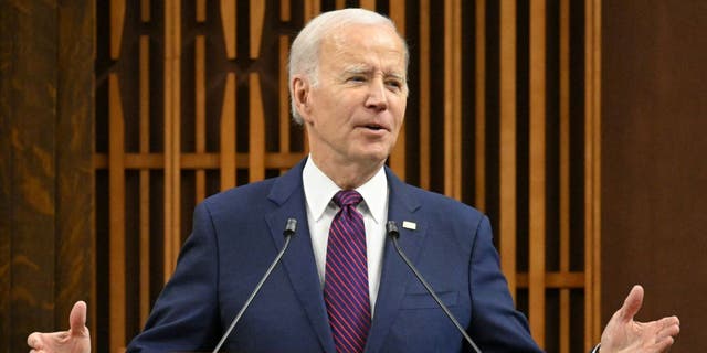 US President Joe Biden addresses the Canadian Parliament in Ottawa, Canada, on March 24, 2023.