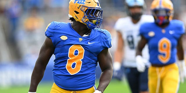 Calijah Kancey (8) of the Pittsburgh Panthers reacts after sacking Kasim Hill of the Rhode Island Rams during the fourth quarter at Acrisure Stadium Sept. 24, 2022, in Pittsburgh. 