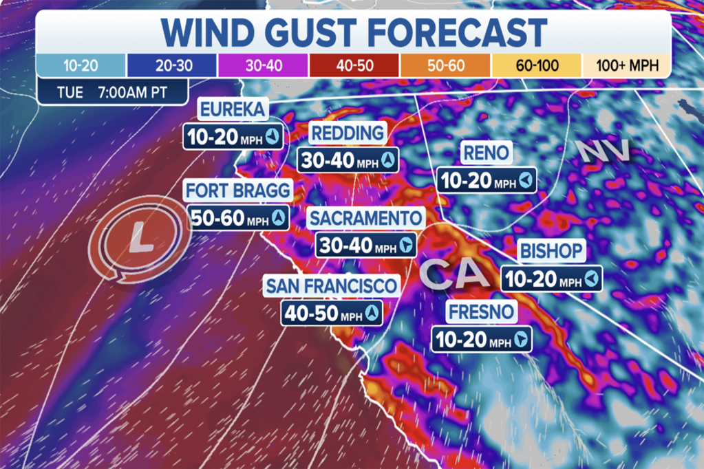 Tuesday's wind gust Forecast are displayed on the map. 
