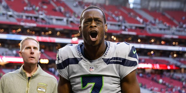 Geno Smith #7 of the Seattle Seahawks reacts following an NFL Football game between the Arizona Cardinals and the Seattle Seahawks at State Farm Stadium on November 06, 2022 in Glendale, Arizona.