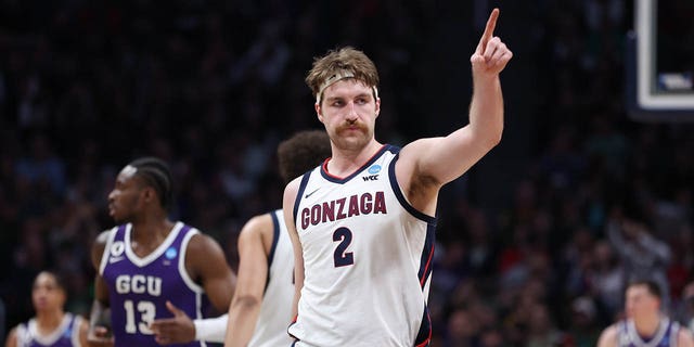 Drew Timme (2) of the Gonzaga Bulldogs reacts against the Grand Canyon Antelopes during the first half in the first round of the NCAA Tournament at Ball Arena March 17, 2023, in Denver, Colo.