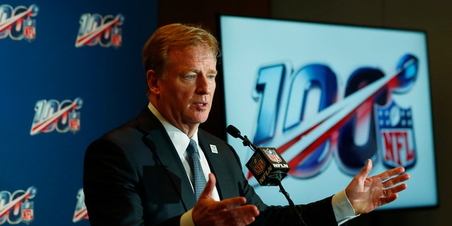 NFL Commissioner Roger Goodell speaks at a news conference after the NFL Fall league meeting, Wednesday, Oct. 16, 2019, in Fort Lauderdale, Fla. (AP Photo/Wilfredo Lee)