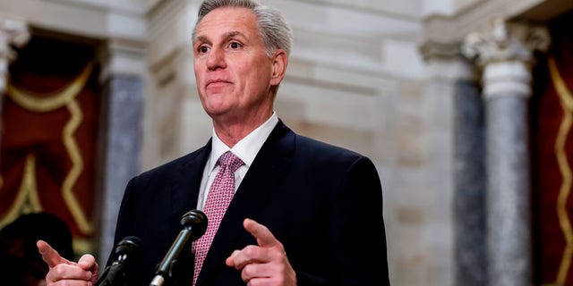 Speaker Kevin McCarthy, R-Calif., gives remarks at a news conference in Statuary Hall of the U.S. Capitol Building.