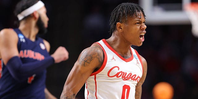 Marcus Sasser of the Houston Cougars reacts during the second half against the Auburn Tigers in the second round of the NCAA Tournament at Legacy Arena at the BJCC March 18, 2023, in Birmingham, Ala. 