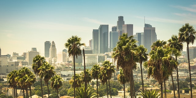 Aerial view of the business district in Downtown of Los Angeles in background from  Lincoln Heights neighborhood.