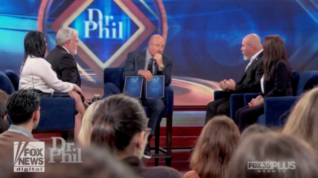 Scenes from a Dr. Phil episode with the victims' parents. 