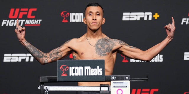 LAS VEGAS, NEVADA - JUNE 03: Jeff Molina poses on the scale during the UFC Fight Night weigh-in at UFC APEX on June 03, 2022 in Las Vegas, Nevada. 