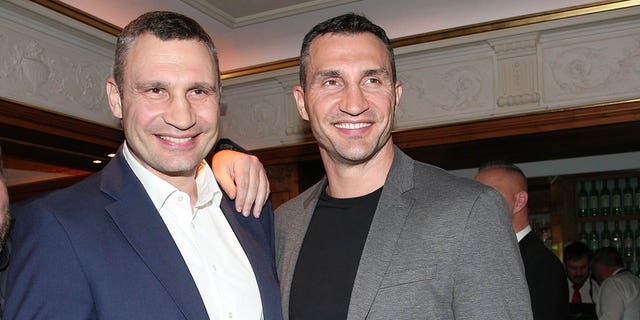 Vitali Klitschko and his brother Wladimir Klitschko during the Champions Dinner on the 70th anniversary of the Bund Deutscher Berufsboxer (German boxer association) at Alfons Schubeck's Suedtiroler Stuben April 5, 2019, in Munich, Germany. 