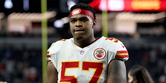 Orlando Brown #57 of the Kansas City Chiefs walks off the field after a game against the Las Vegas Raiders at Allegiant Stadium on November 14, 2021, in Las Vegas, Nevada.