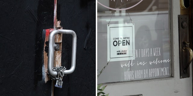 Left, plywood still covers many windows and doors in downtown Portland. Right, businesses in Oregon City and other nearby suburbs don't suffer the same risk of vandalism or theft.