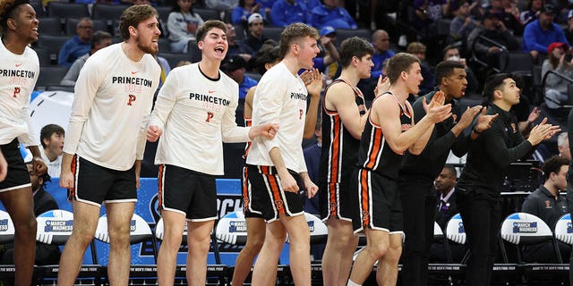 The Princeton Tigers' bench during the second half against the Missouri Tigers in the second round of the NCAA Tournament at Golden 1 Center March 18, 2023, in Sacramento, Calif. 