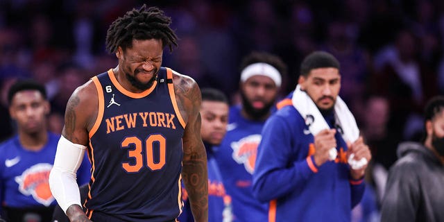 Julius Randleof the New York Knicks after getting injured during the second quarter of a game against the Miami Heat at Madison Square Garden March 29, 2023, in New York City. 