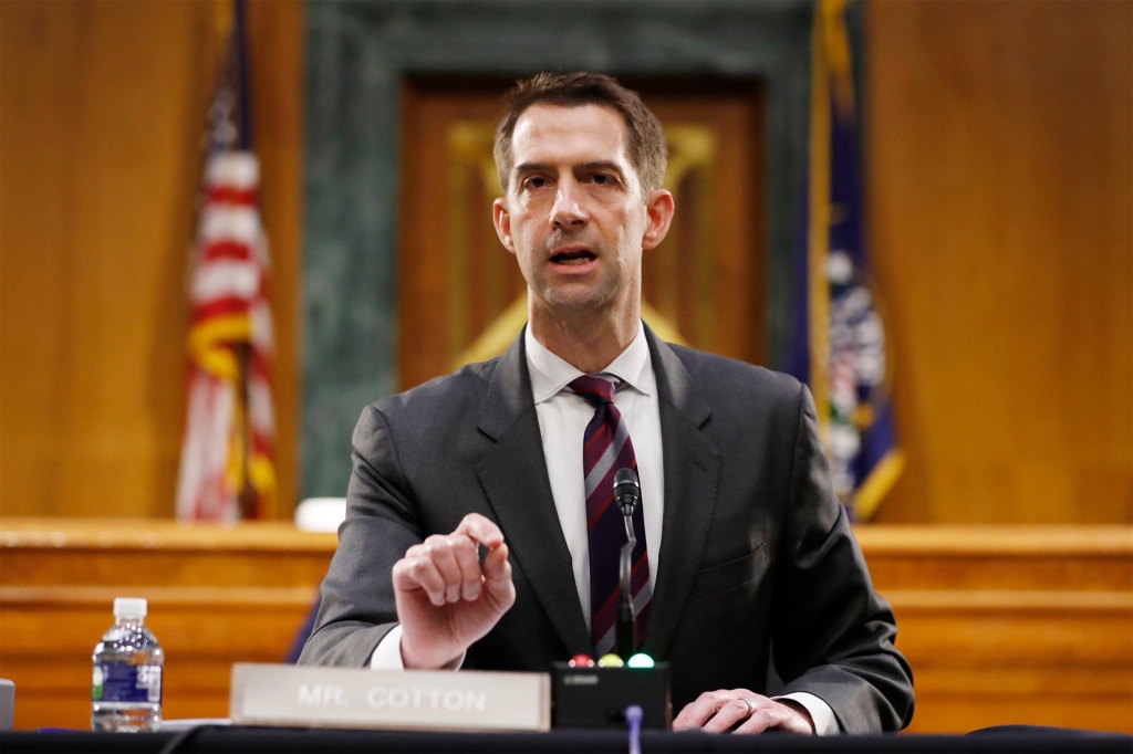 Senator Tom Cotton, a Republican from Arkansas, speaks during a Senate Intelligence Committee confirmation hearing for Texas Representative John Ratcliffe in Washington, D.C., U.S., on Tuesday, May 5, 2020.