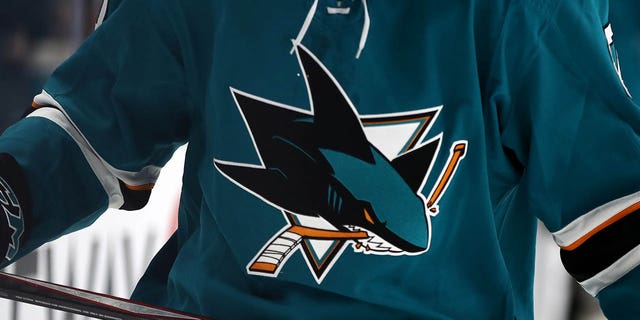 The San Jose Sharks' logo on a jersey during a game against the Vegas Golden Knights at SAP Center Oct. 4, 2019, in San Jose, Calif.