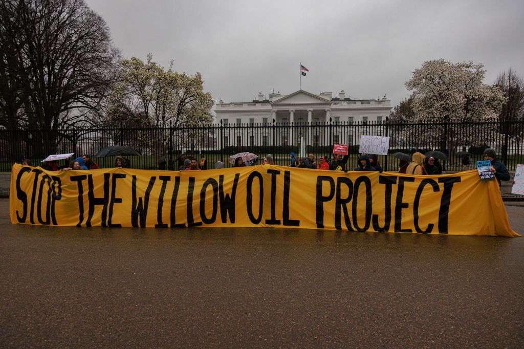 Demonstrators gathered outside the White House o protest the Willow Oil Project on March 2, 2023.