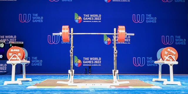 The stage at the men's middleweight powerlifting event during The World Games 2022 July 9, 2022, at Birmingham-Jefferson Convention Complex Concert Hall in Birmingham, Ala. 