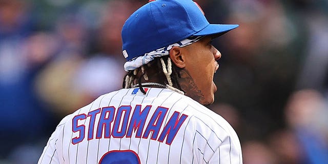 Marcus Stroman of the Chicago Cubs reacts during the third inning against the Milwaukee Brewers at Wrigley Field March 30, 2023, in Chicago.