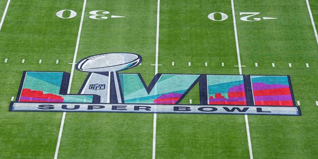 An elevated view of the LVII logo painted on the field prior to Super Bowl LVII between the Kansas City Chiefs and the Philadelphia Eagles at State Farm Stadium Feb. 12, 2023, in Glendale, Ariz. 