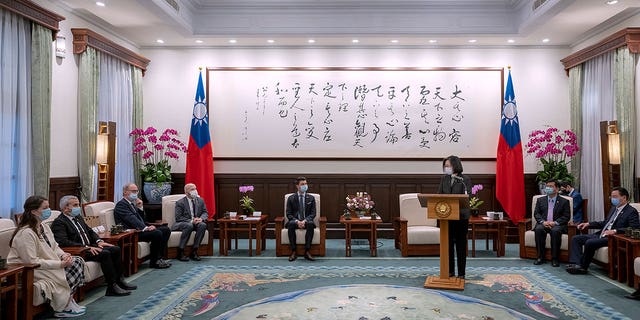 Taiwan's president Tsai Ing-wen, center right, speaks during a meeting with Swiss lawmakers in Taipei, Taiwan, on Feb. 6, 2023.