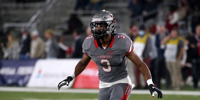 Thompson Warriors defensive back Tony Mitchell (3) during the Alabama High School 7A State Championship game between the Central-Phenix City Red Devils and the Thompson Warriors on December 1, 2021, at Protective Stadium in Birmingham, Alabama.  