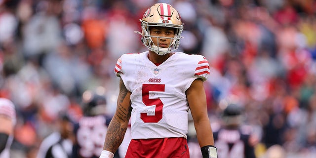 Quarterback Trey Lance #5 of the San Francisco 49ers looks onward during the first half against the Chicago Bears at Soldier Field on September 11, 2022 in Chicago, Illinois.