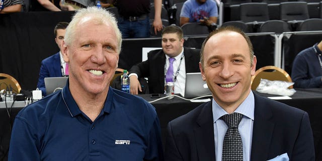 Sportscaster and former NBA player Bill Walton, left, and sportscaster Dave Pasch pose before broadcasting the championship game of the Pac-12 tournament between the Arizona Wildcats and the Oregon Ducks at T-Mobile Arena March 11, 2017, in Las Vegas.