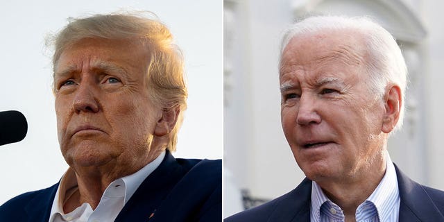 Biden aides told Politico that former President Donald Trump (left) will have a difficult time winning back swing voters who went for Biden in 2020 after his criminal indictment and behavior since leaving office. 