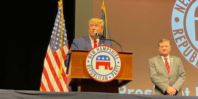 Former President Donald Trump speaks at the GOP annual meeting in Salem, New Hampshire, on Jan. 28, 2023.