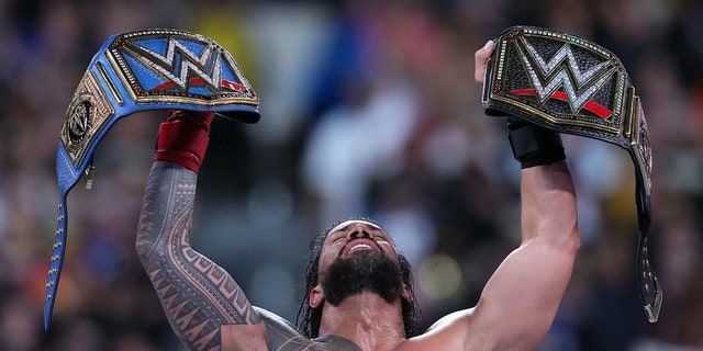 Roman Reigns celebrates the win during Wrestlemania Night 2 at SoFi Stadium.