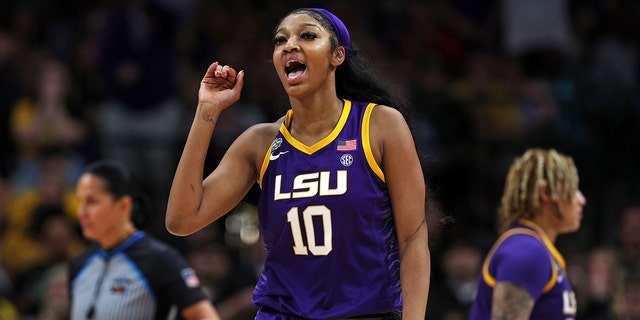 Angel Reese, #10 of the LSU Lady Tigers, reacts during the fourth quarter against the Iowa Hawkeyes during the 2023 NCAA Women's Basketball Tournament championship game at American Airlines Center on April 2, 2023 in Dallas.