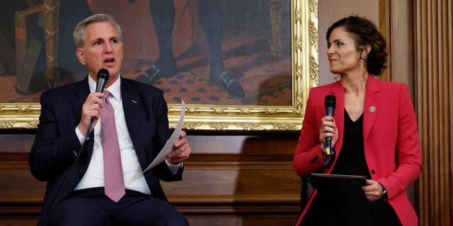 Speaker of the House Kevin McCarth (R-CA) and Rep. Julia Letlow (R-LA) talk about the Parents Bill of Rights Act during an event in the Rayburn Room at the U.S. Capitol on March 01, 2023 in Washington, DC. According to the Speaker's office, "the Parents Bill of Rights was designed to empower parents and ensure that they are able to be involved in their kids' education." 