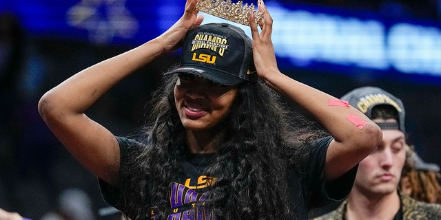 LSU's Angel Reese reacts after the NCAA women's championship game against Iowa April 2, 2023, in Dallas. 