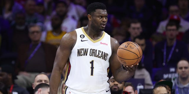 Zion Williamson, #1 of the New Orleans Pelicans, looks on during the second quarter against the Philadelphia 76ers at Wells Fargo Center on January 2, 2023 in Philadelphia, Pennsylvania.