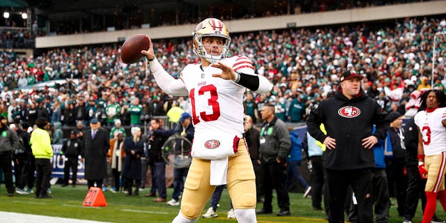 Brock Purdy, #13 of the San Francisco 49ers, warms up prior to the NFC Championship NFL football game against the Philadelphia Eagles at Lincoln Financial Field on Jan. 29, 2023 in Philadelphia.