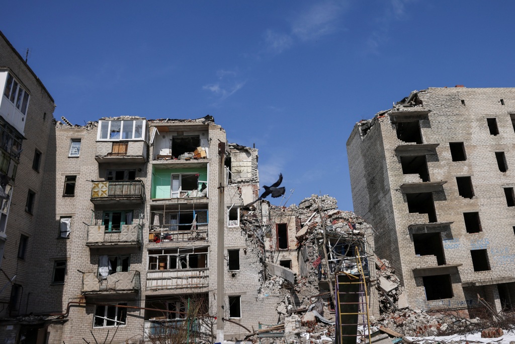 The damaged neighborhood of Chasiv Yar is shown in the eastern region of Donetsk, Ukraine. 