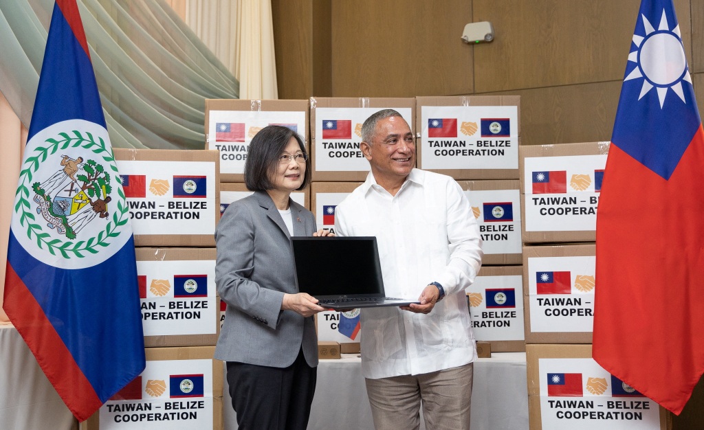 Taiwanese President Tsai Ing-wen and Belizean Prime Minister John Briceno attend a laptop donation ceremony, in Belize on April 4, 2023. 