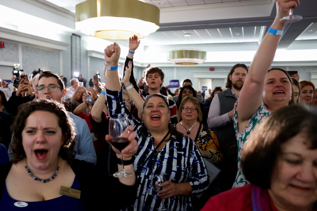 Supporters of Wisconsin Supreme Court candidate Janet Protasiewicz celebrate early returns at her election night watch party in Milwaukee, Wisconsin on April 4, 2023. 