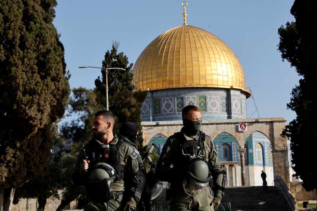 Israeli security forces work at the Al-Aqsa compound, also known to Jews as the Temple Mount, while tension arises during clashes with Palestinians in Jerusalem's Old City, on April 5, 2023. 
