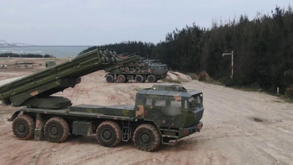 Military vehicles of the Ground Force under the Eastern Theatre Command of China's People's Liberation Army take part of a combat readiness patrol around Taiwan, at an undisclosed location in China on April 8, 2023. 