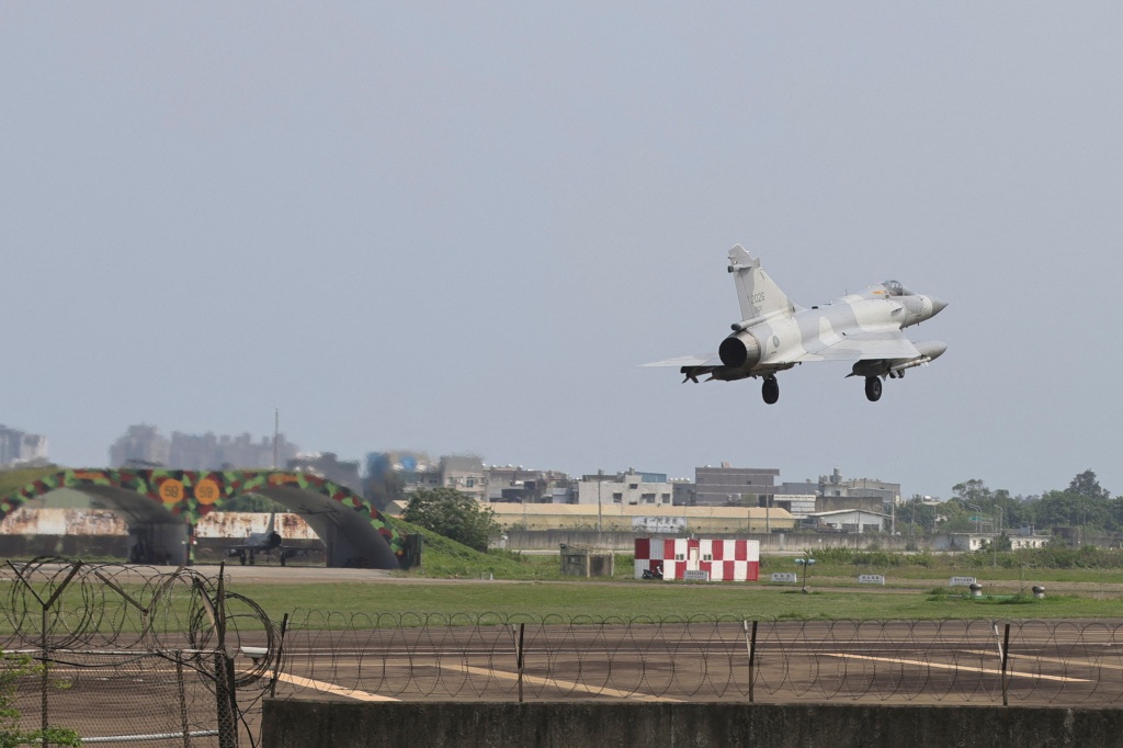 A Taiwan Air Force Mirage 2000-5 aircraft prepares to land at Hsinchu Air Base in Hsinchu, Taiwan on April 10, 2023.