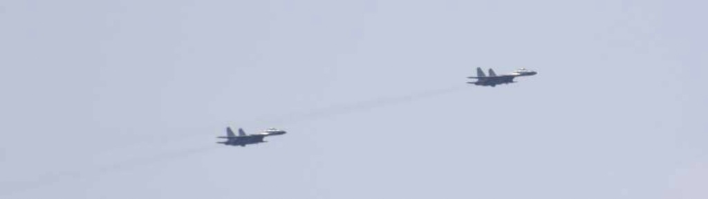 Jet fighters that took off from China's Shandong aircraft carrier are seen over Pacific Ocean waters, south of Okinawa prefecture, Japan on April 10, 2023. 