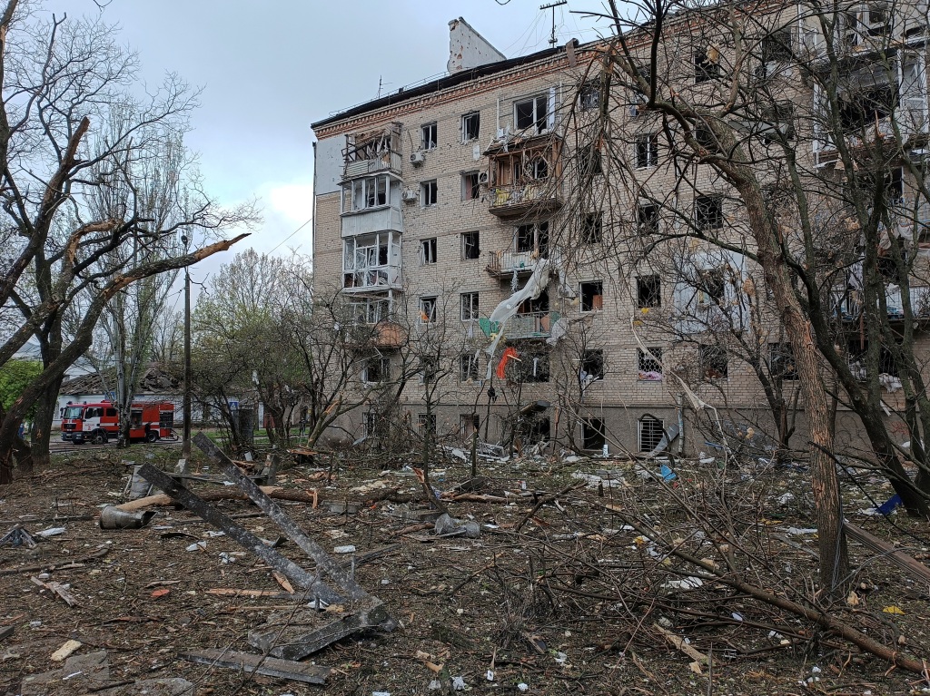 A view shows an apartment building damaged by a Russian missile strike, amid Russia's attack on Ukraine, in Mykolaiv on April 27, 2023. 