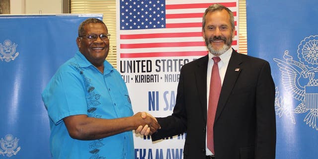 Former U.S. Ambassador to Fiji, Kiribati, Nauru, Tonga, and Tuvalu Joseph Cella (right) is pictured in September 2020. 