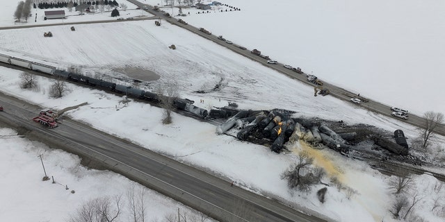 A BNSF train carrying ethanol and corn syrup derailed and caught fire in Raymond, Minn., Thursday, March 30, 2023. 