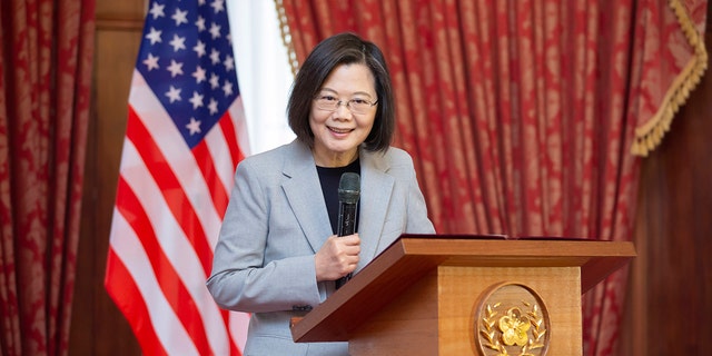 In this photo released by the Taiwan Presidential Office, Taiwan's President Tsai Ing-wen, speaks at a luncheon during a visit by a Congressional delegation to Taiwan in Taipei, Taiwan, Saturday, April 8, 2023. 