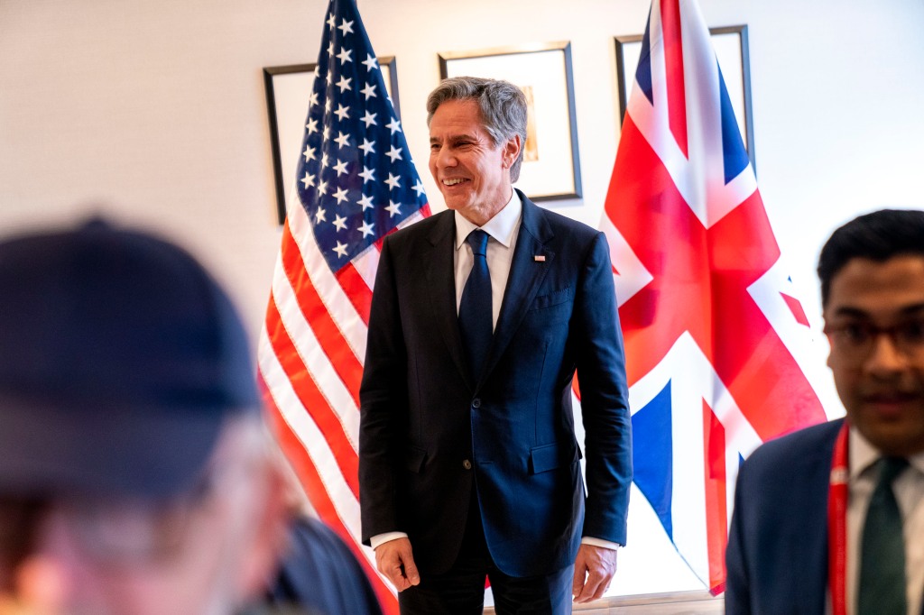 U.S. Secretary of State Antony Blinken smiles after giving a joint statement with British Foreign Secretary James Cleverly on the situation in Sudan to members of the media during a G7 Foreign Ministers' Meeting at The Prince Karuizawa hotel in Karuizawa, Japan on April 17, 2023. 