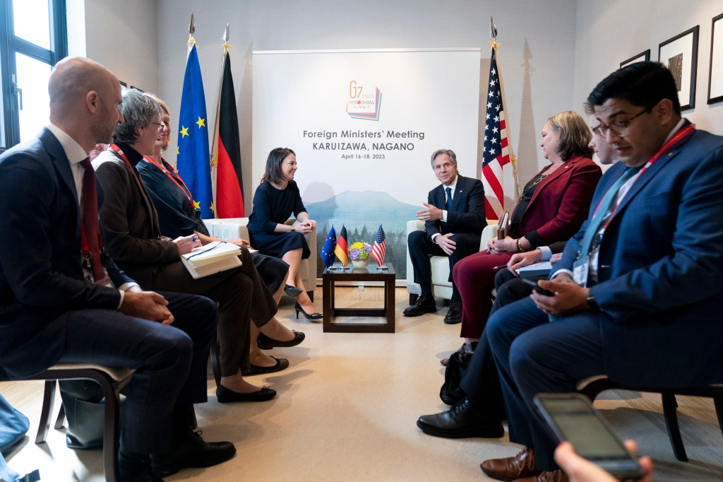 German Foreign Minister Annalena Baerbock, left, and U.S. Secretary of State Antony Blinken, right, meet during a G7 Foreign Ministers' Meeting at The Prince Karuizawa hotel in Karuizawa, Japan, on April 17, 2023. 