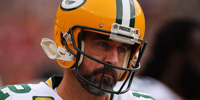 Aaron Rodgers of the Green Bay Packers before a game against the Washington Commanders at FedEx Field Oct. 23, 2022, in Landover, Md.